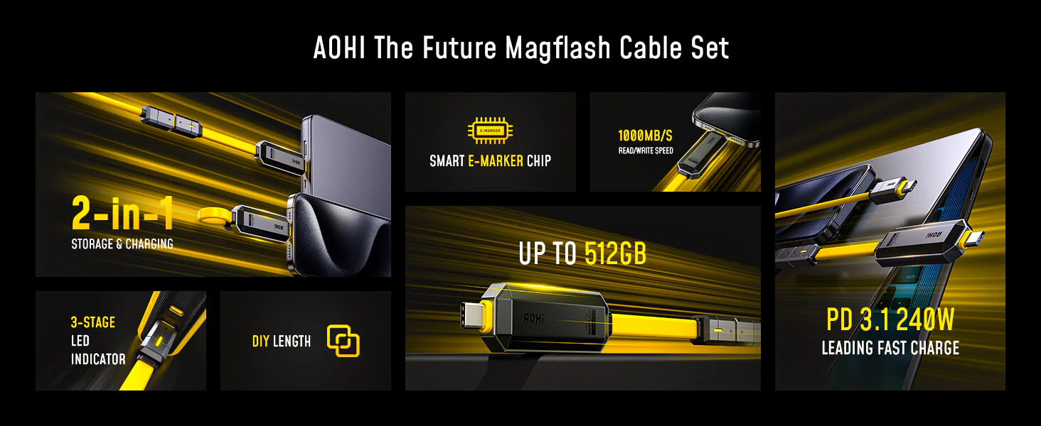 Bộ Cáp Sạc Và Lưu Trữ Dữ Liệu 2-IN-1 Aohi The Future Magflash (512GB/ 240W/ 1000MB/giây) | iAohi.VN Phân Phối Chính Hãng
