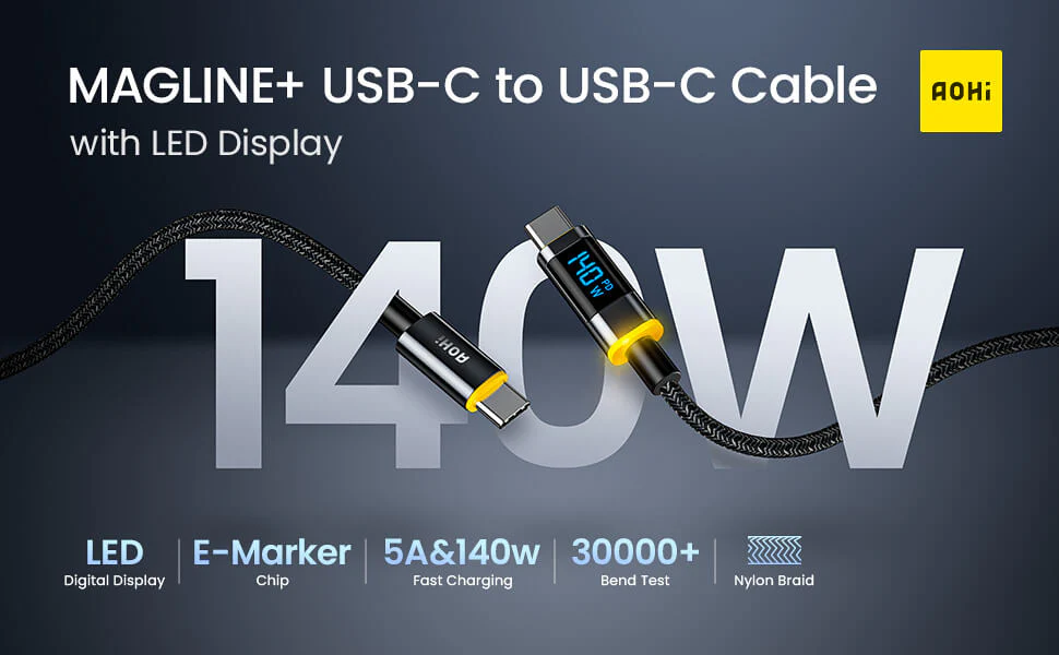 Cáp Sạc Nhanh USB-C 140W AOHI Magline Màn Hình LED Kỹ Thuật Số Dài 1.2M | iAohi.VN Phân Phối Chính Hãng