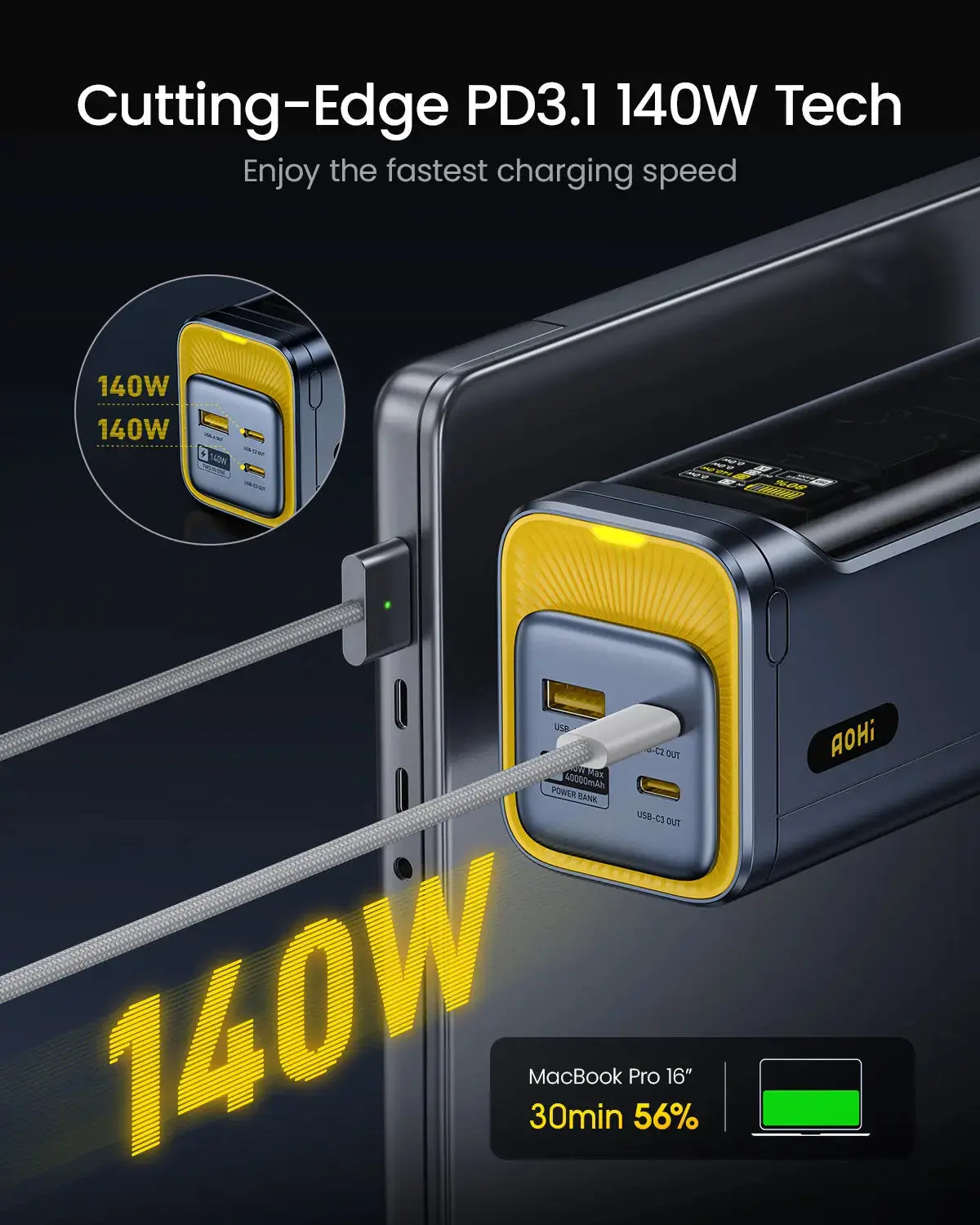 Pin Dự Phòng Aohi Starship 40.000mAh 140W PD3.1, Kèm Cáp USB-C Dài 91.44 Cm | iAohi.VN